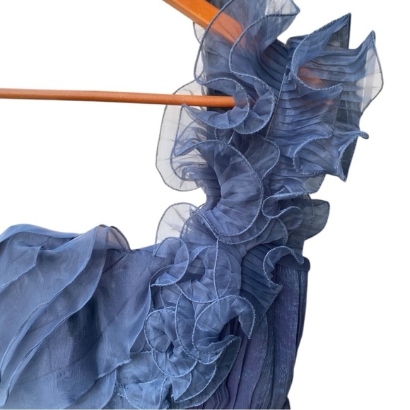 BCBG MAXAZRIA Dark Blue Grey Metallic Tulle Overlay One Shoulder Dress 6 - Picture 4 of 16